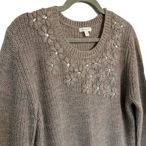 Garnet Hill Grey Embellished Floral Knit‎ Sweater Women’s XL Boho Cottagecore